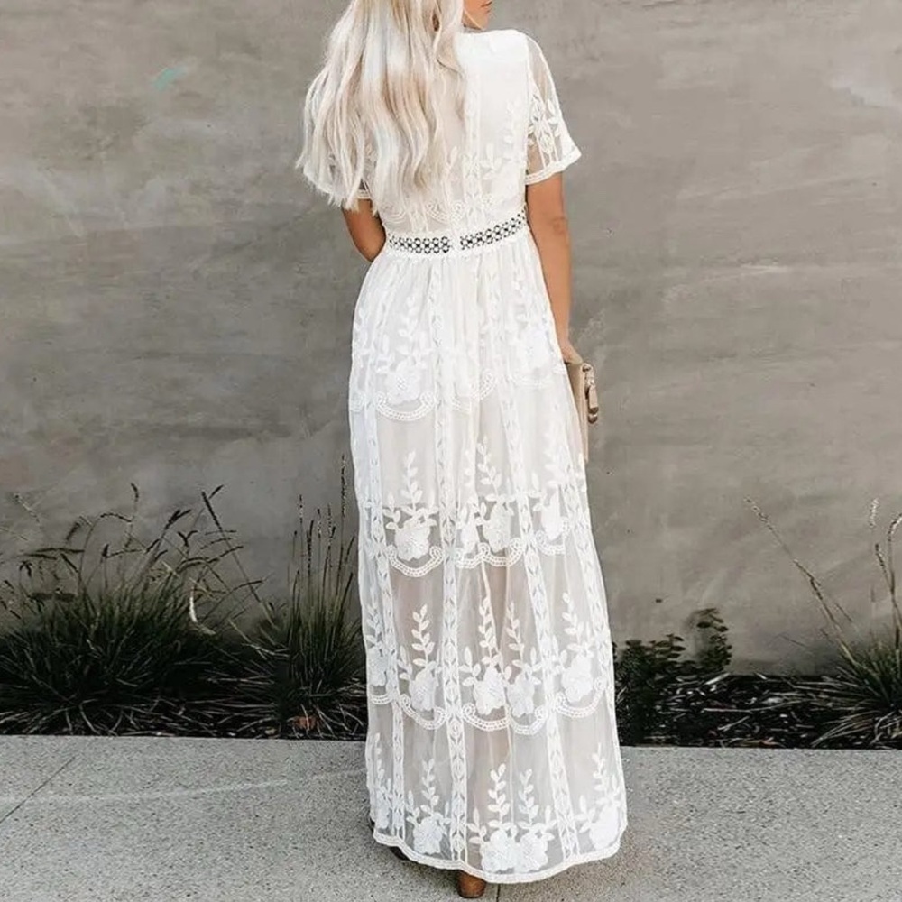 Ivory Floral Embroidered Lace Boho Maxi Dress Deep V-neck Fairycore Cottagcore. - Picture 2 of 14